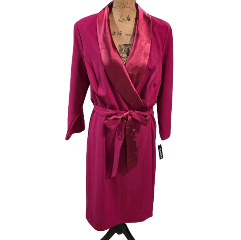 GLAMOUR Wrap Robe Dress Fuchsia Pink Satin Shawl Collar Tie Waist Plus Size 14W